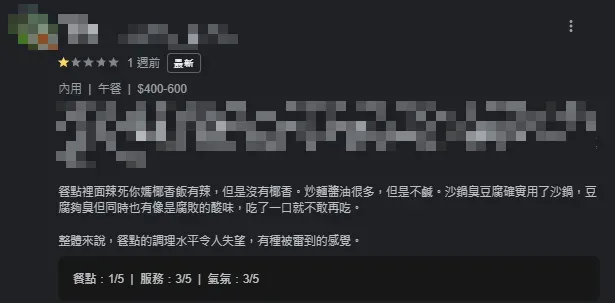 有網友一周前來用餐，便發現砂鍋臭豆腐中的豆腐有腐敗酸味，他只吃了一口就不敢再吃。（圖／翻攝自Google評論）
