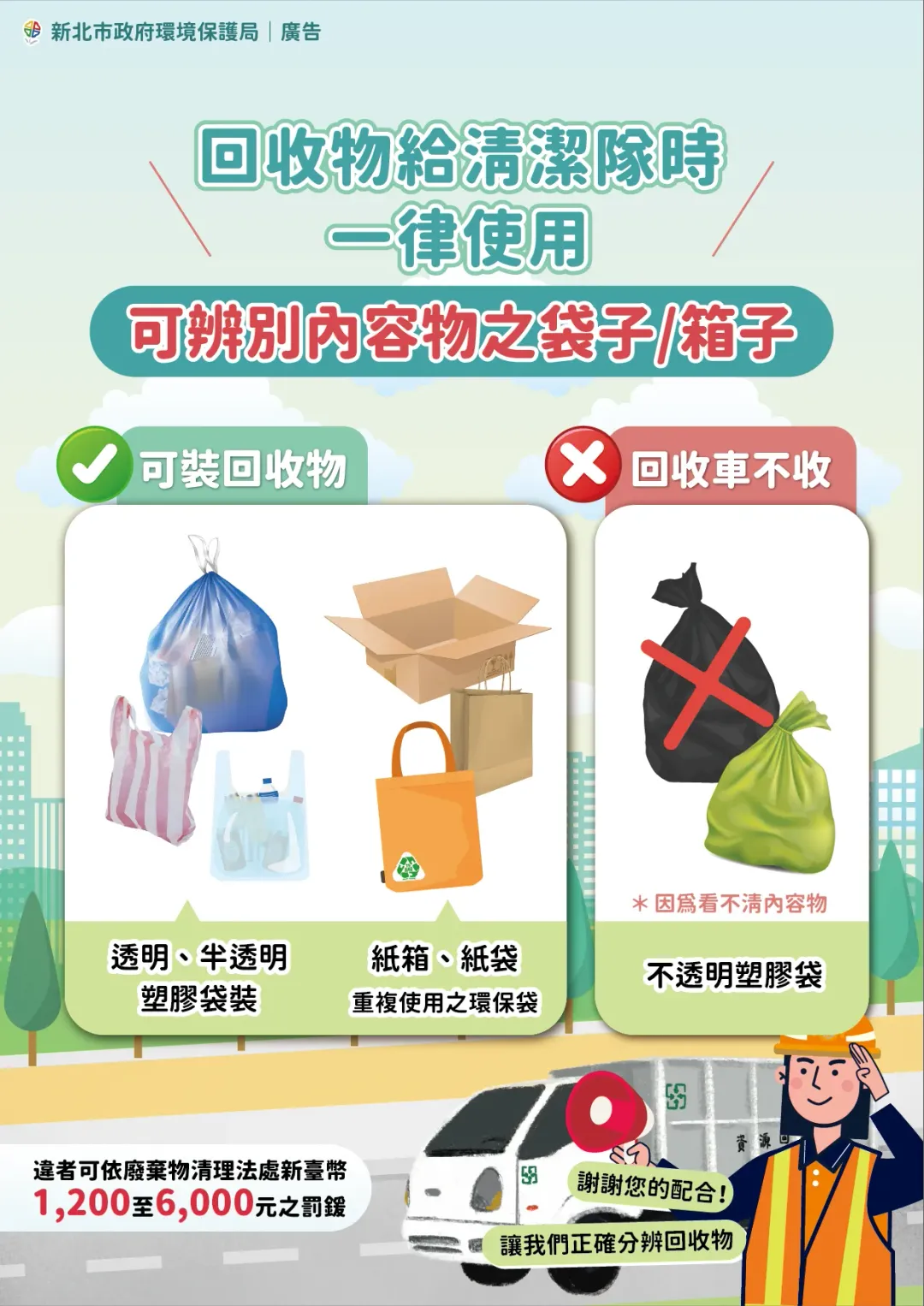 用塑膠袋盛裝回收物,其外觀須為可辨明內容物之透明或半透明材質。(圖/新北環保局提供)