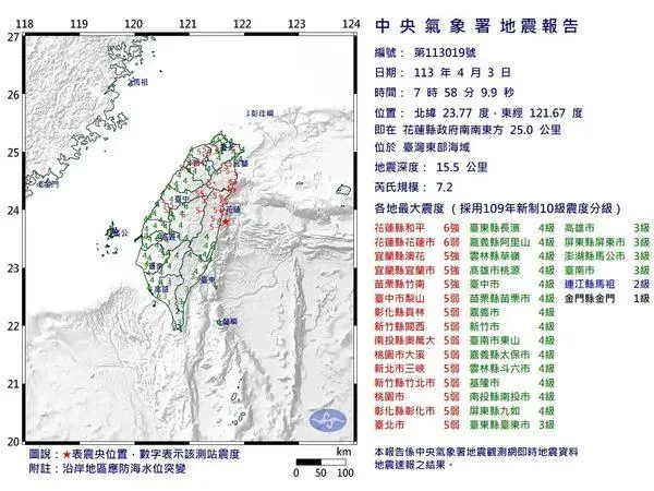 這起地震讓全台都有感。（圖／翻攝自交通部中央氣象署網站）