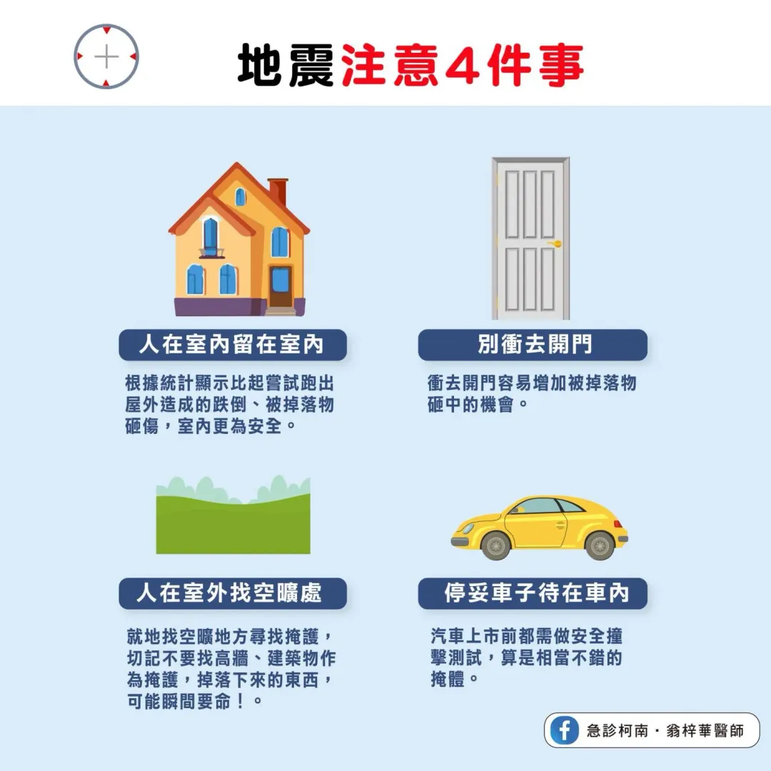 地震4注意事項。（圖／【急診柯南．翁梓華醫師】臉書粉專）