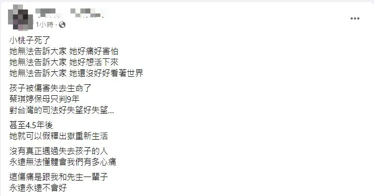 小桃子媽媽心碎發文。(圖/翻攝臉書)