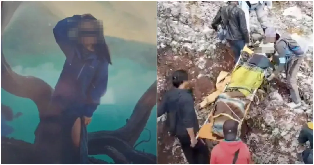 女遊客伊真火山口拍「網紅樹」墜崖身亡,生前拍攝照片曝光。(圖/翻攝微博)