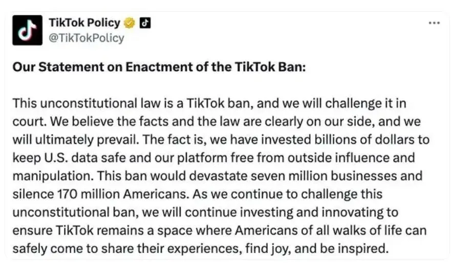 TikTok官方發聲明反擊，稱該禁令違憲。（圖／翻攝TikTok）