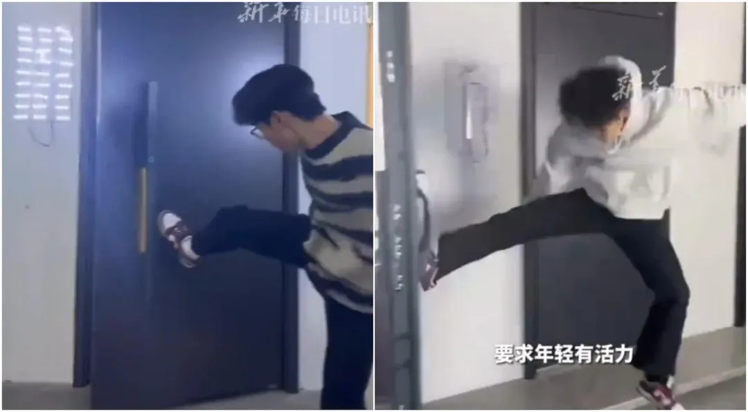 周男任職工廠的試踹員,每天要狂踹好幾個門測試耐用度。(圖/翻攝微博)