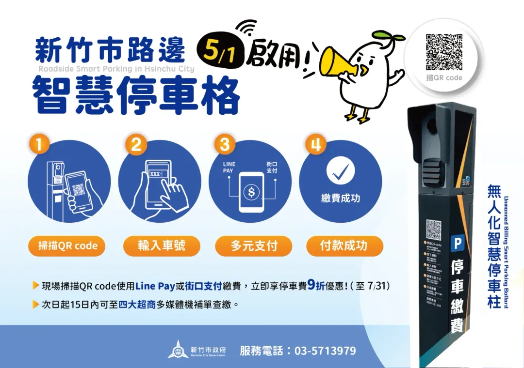 新竹市路邊智慧停車柱5/1啟用。(圖/新竹市政府)