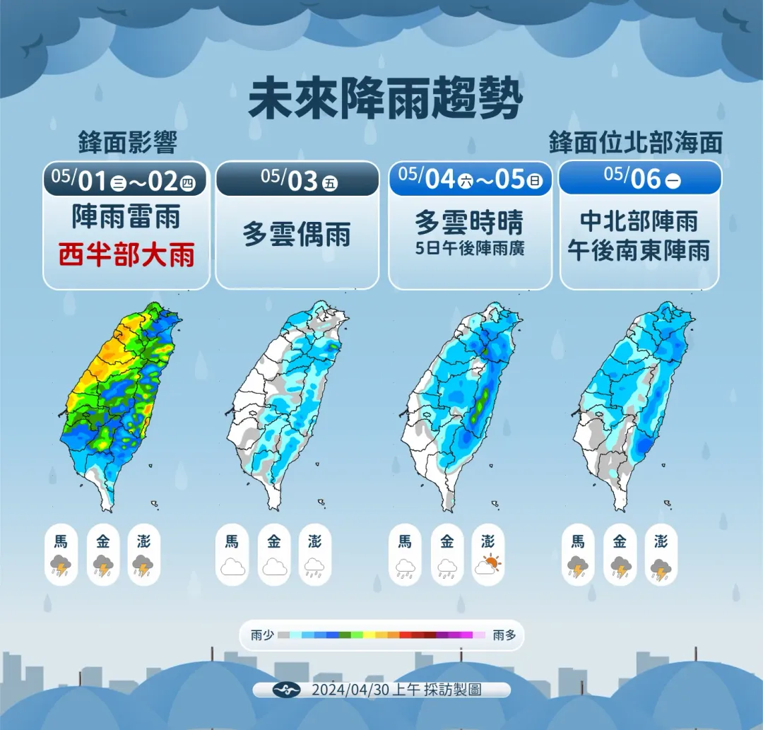 未來一週受鋒面影響，全台各地有雨。（圖／中央氣象署提供）