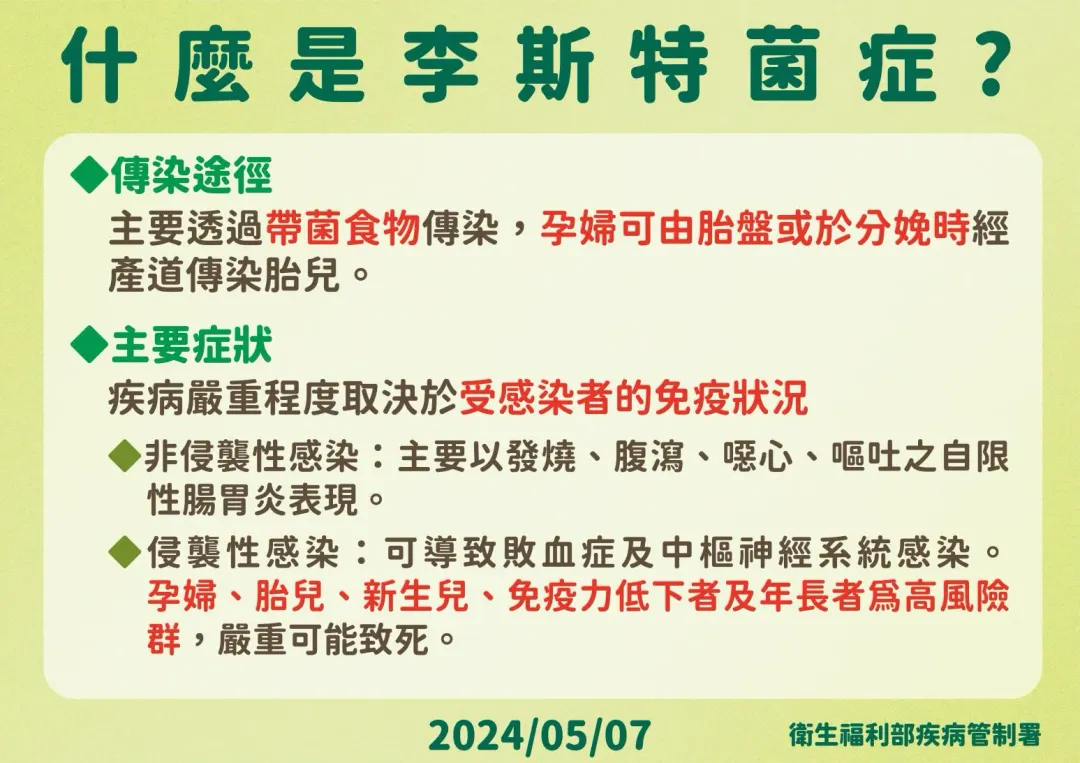國內出現首例新生兒母嬰垂直傳染李斯特菌症個案！（圖／疾管署提供）