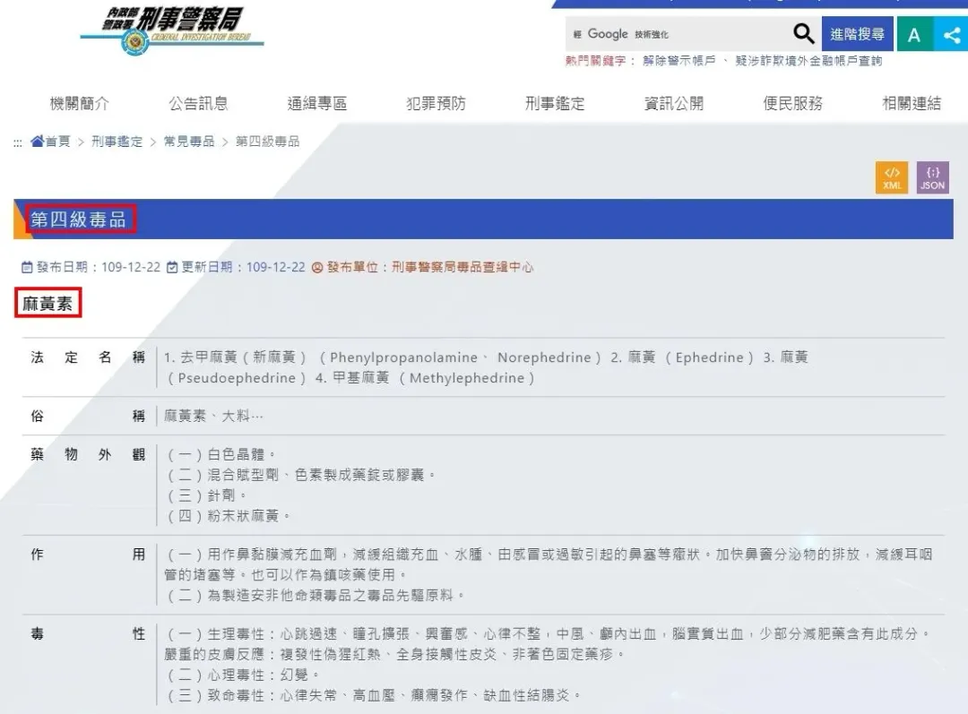 麻黃素在台灣被列為第四級毒品（圖／翻攝刑事警察局官網）