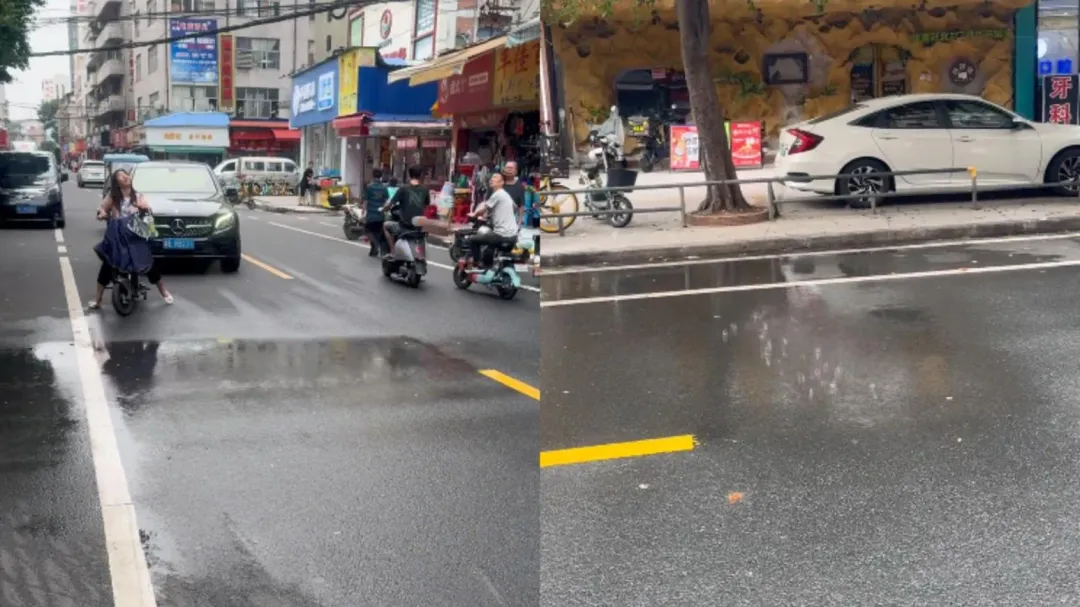 廣東佛山街頭出現罕見「線狀雨」。(圖/翻攝廣州日報)