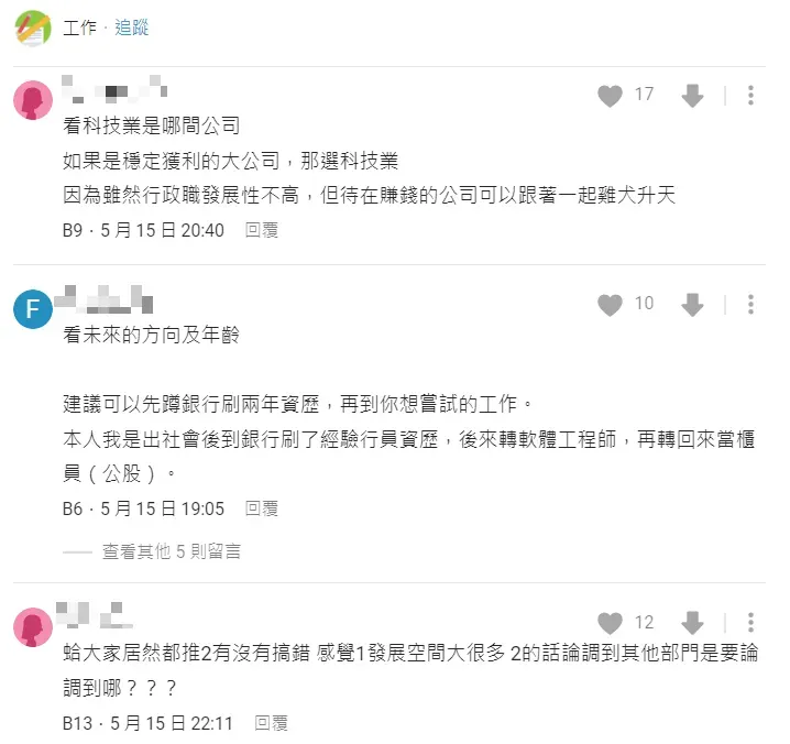網友對於到銀行業或是科技業工作意見不一，但多數人認為科技公司會是較好的選擇。（圖／翻攝自Dcard）