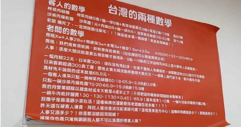 東區麵店老闆公開營業成本。(圖/翻攝PTT)