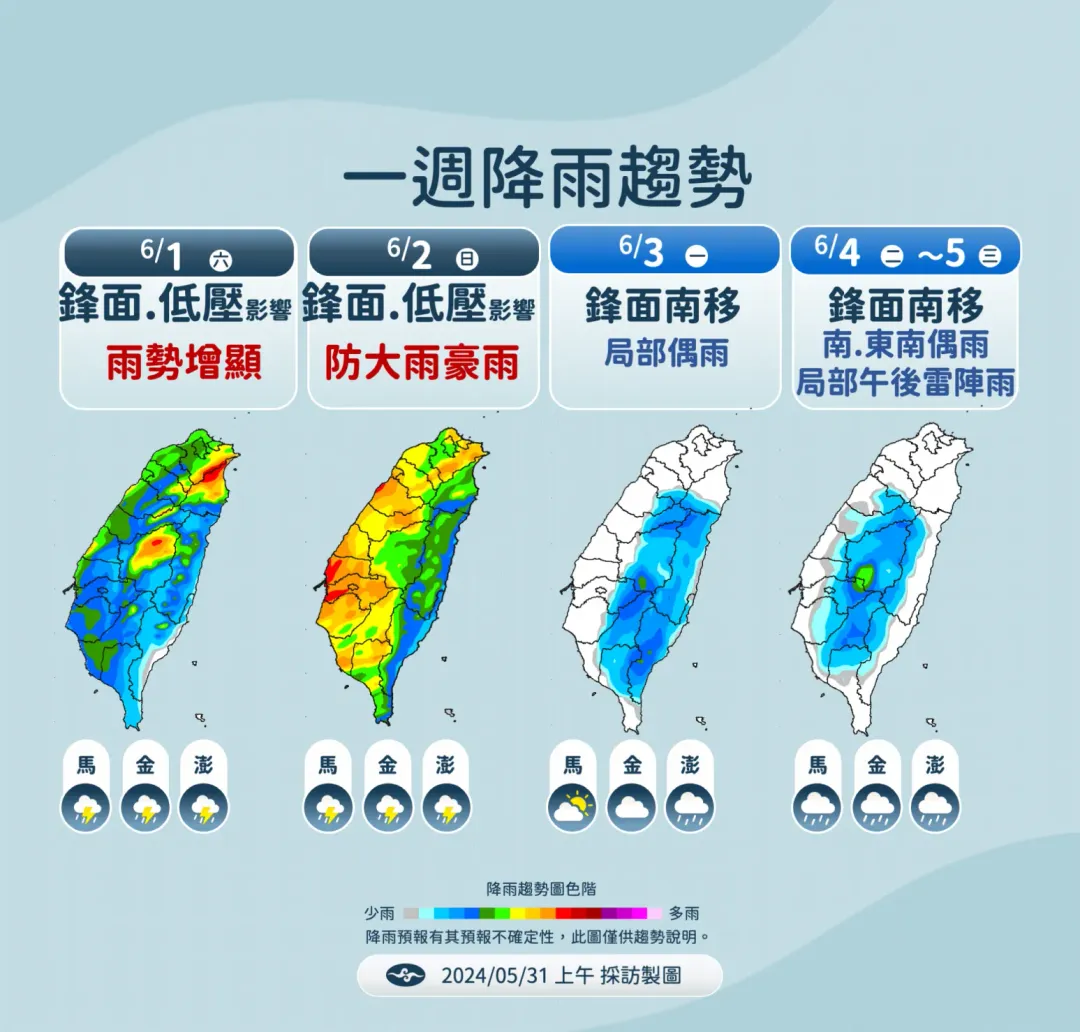 鋒面將在本周末發威,在各地帶來降雨。(圖/中央氣象署提供)