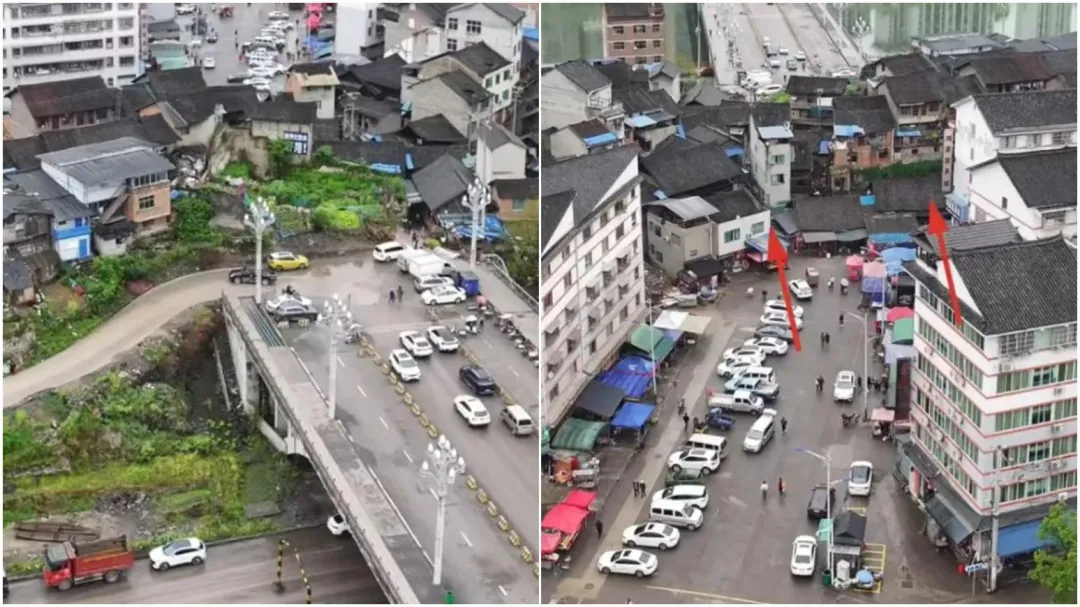 大橋完工多年因為釘子戶不遷無法通車,被住戶當免費停車場。(圖/翻攝微博)