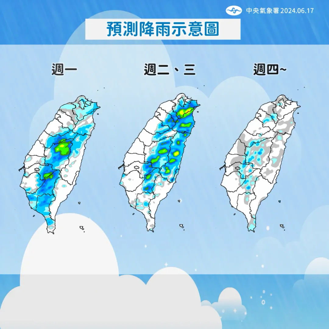降雨情況將隨著鋒面有所變化。接近下週末時雨量較少。(圖/中央氣象署提供)