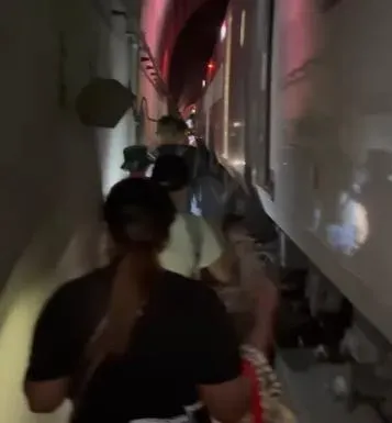 台鐵第229次列車於21日下午4時50分,在崇德、和仁區間(和仁隧道內)遭到落石擊中,造成列車停駛,旅客只好徒步離開隧道。(圖/中天新聞)