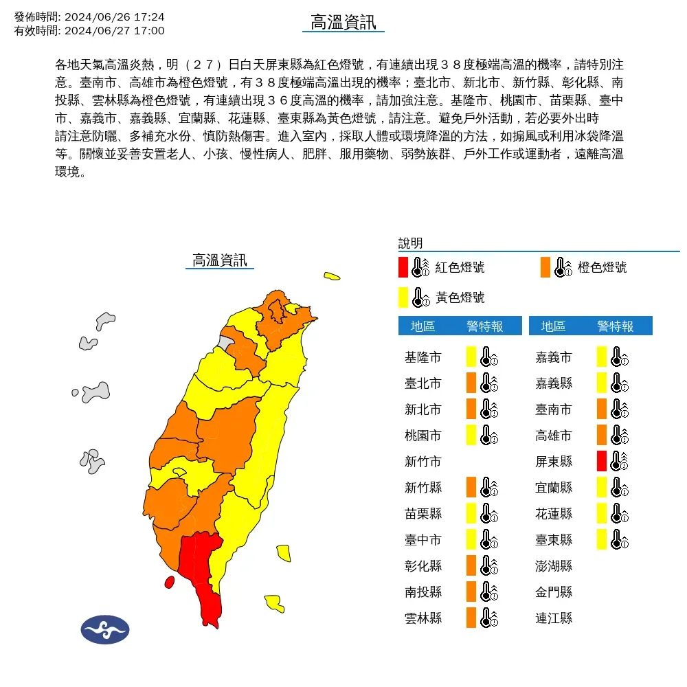 氣象署26日晚間表示，27日全台18縣市高溫將達36度以上。（圖／翻攝自中央氣象署官網）