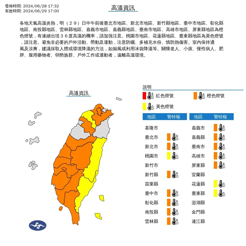 29日各地普遍高溫,多地有連續出現持續36度以上高溫機會。(圖/翻攝自中央氣象署官網)