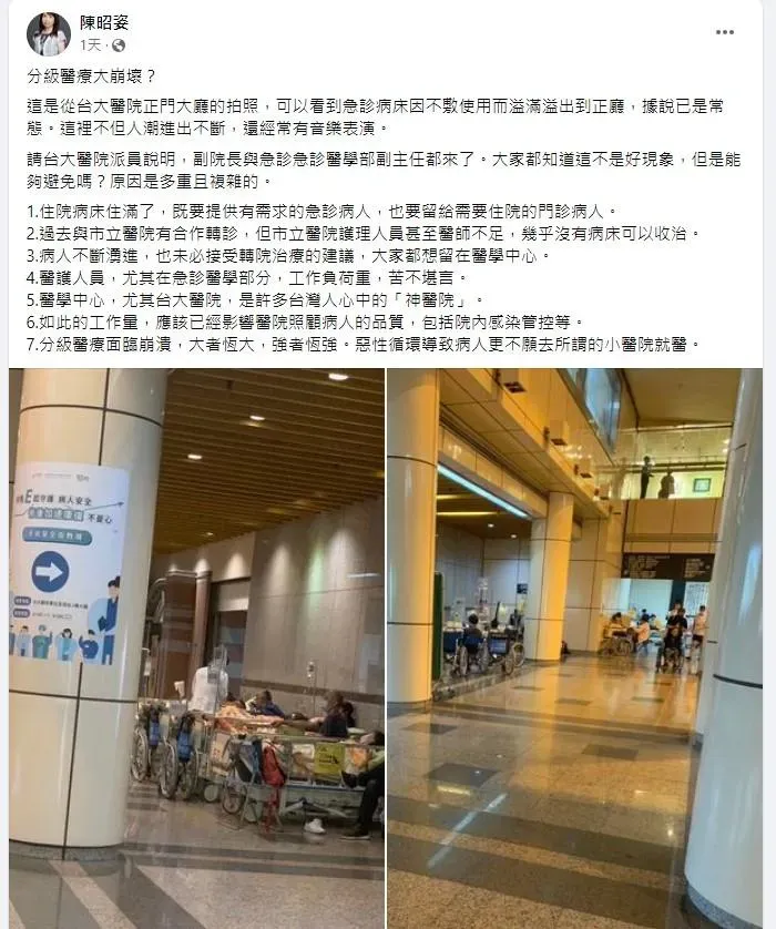 民眾黨立委陳昭姿談台大醫院急診壅塞、等候病患滿到大廳的狀況。（圖／陳昭姿Facebook）