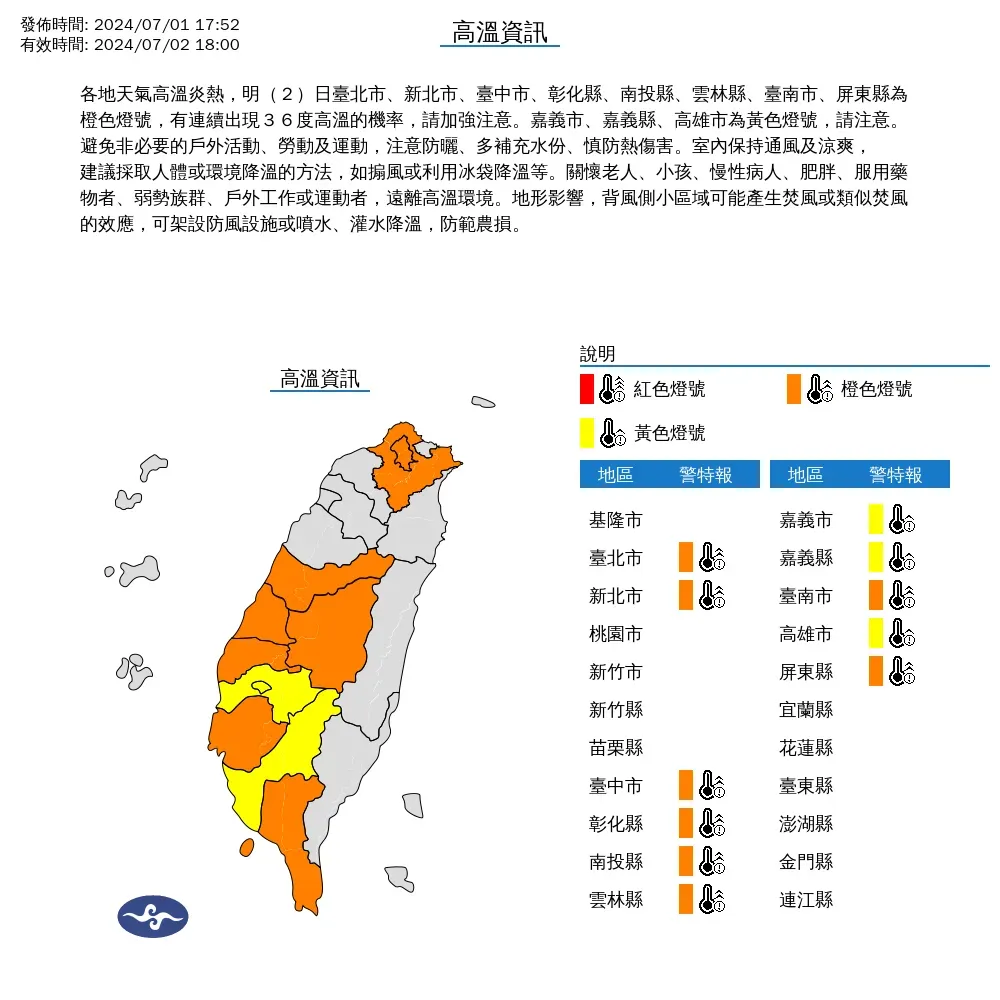氣象署針對11縣市發布高溫資訊，北部和中南部有36度以上高溫的狀況出現。（圖／翻攝自中央氣象署官網）