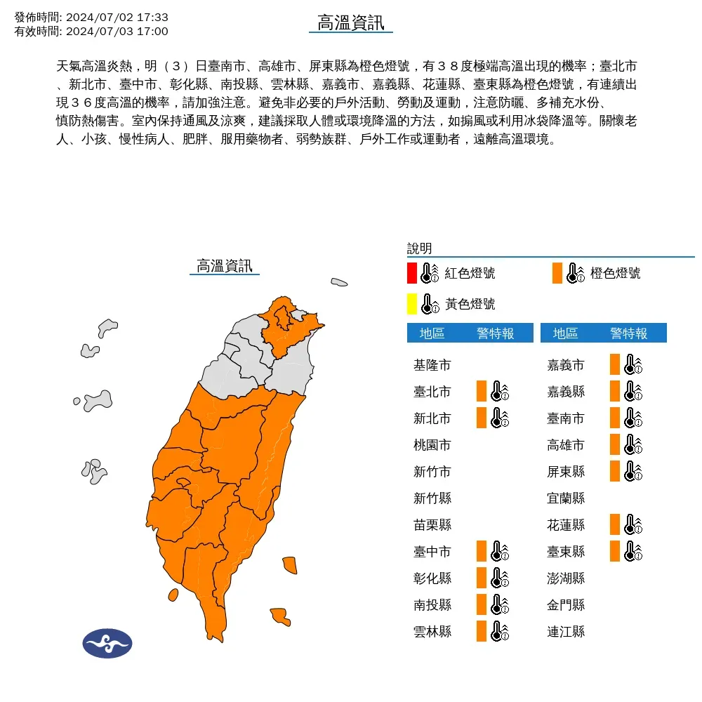 氣象署針對北部、中南部13縣市發布3日高溫示警，南高屏將出現38度極端高溫。（圖／翻攝自中央氣象署官網）