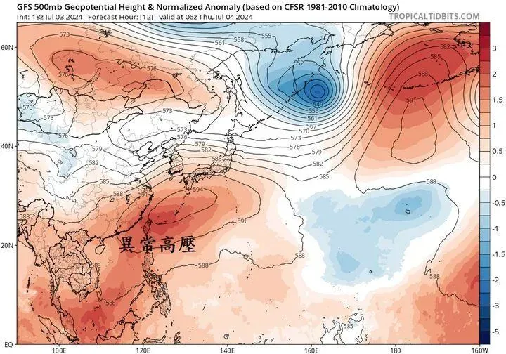 500百帕異常高壓,線條是500百帕重力為高度,底色是距平。(圖/翻攝鄭明典臉書)