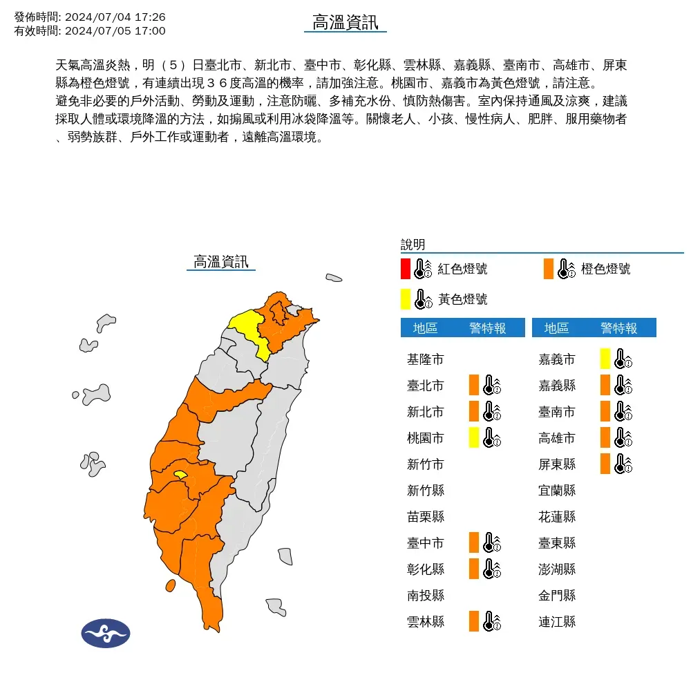 氣象署發布5日高溫資訊，北部和中南部10縣市將連續出現36度以上高溫。（圖／翻攝自中央氣象署官網）