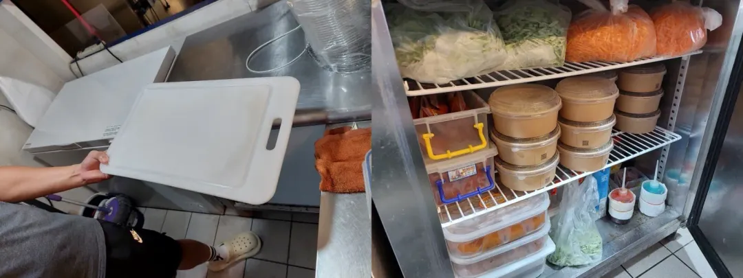 高雄市衛生局檢查涼麵食品器具衛生及檢查涼麵食材冰箱衛生。（圖／高雄市衛生局）