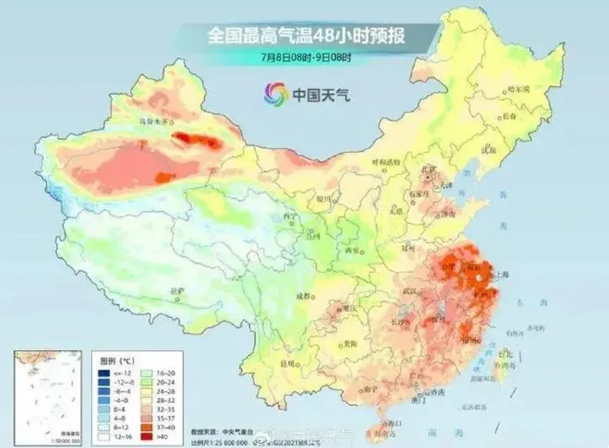 大陸氣象局預測未來3天江南華南多地體感溫度上看40度。（圖／微博「中國天氣」）
