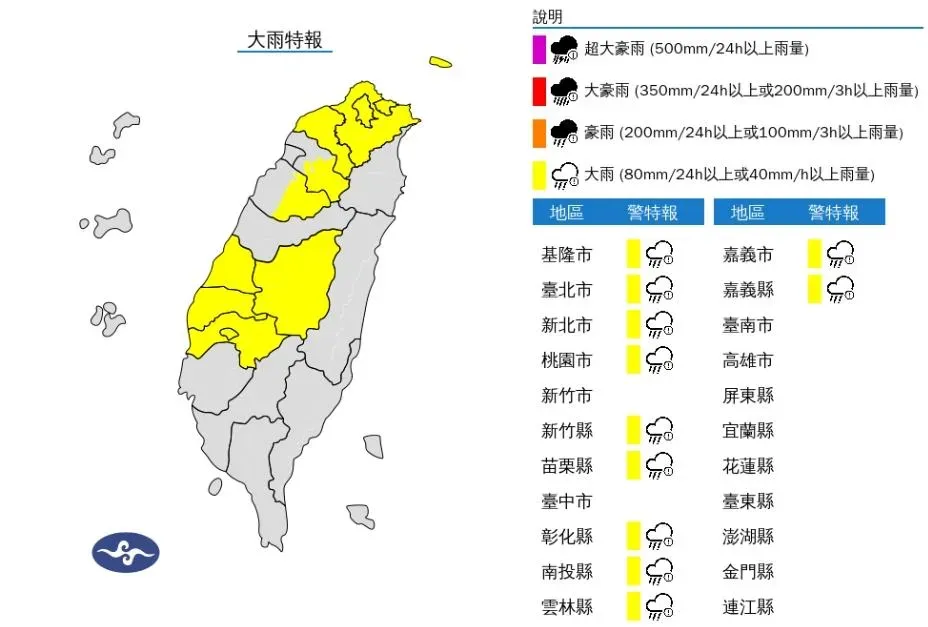 中央氣象署於今(9)日傍晚6時20分,針對全台「11縣市」續發大雨特報。(圖/氣象署)
