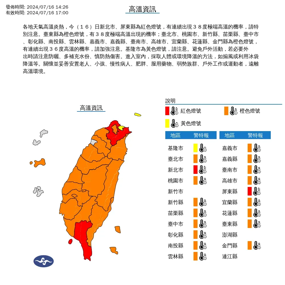 氣象署今(16)日下午2時26分針對19縣市發布高溫資訊。(圖/翻攝自氣象署網站)