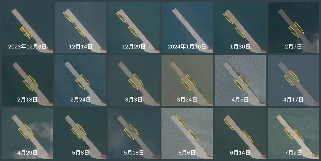 衛星照片顯示，大陸2艘艦艇已停靠超過半年。（圖／翻攝「紐約時報中文網」）