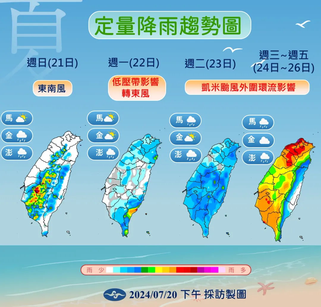 未來一週降雨機會多,尤其下週末受凱米颱風外圍環流影響,降雨機率大增。(圖/中央氣象署提供)