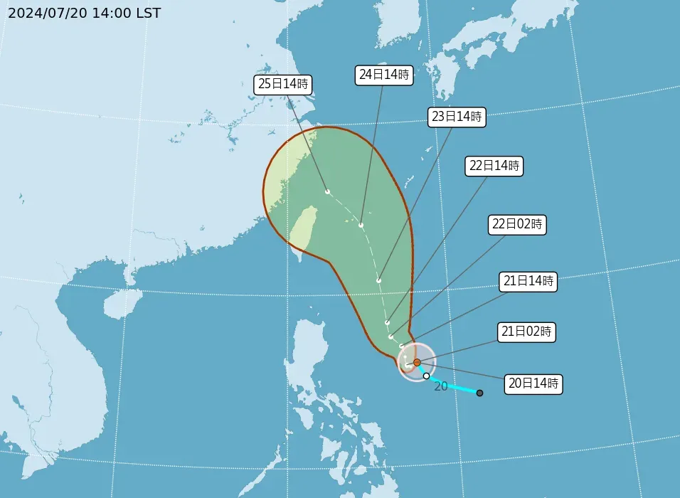 輕颱凱米(GAEMI)於20日下午2時生成,目前預計將往台灣、日本沖繩方向移動。(圖/翻攝自中央氣象署官網)