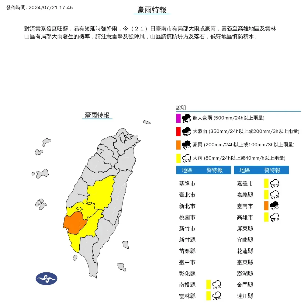 氣象署21日傍晚再度針對中南部6縣市發布豪雨特報，其中台南豪雨雨勢有機會下到入夜。（圖／翻攝自中央氣象署官網）