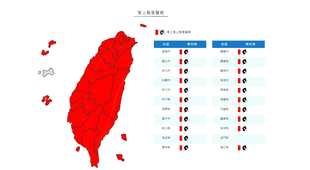氣象署也針對全台21縣市發布海上陸上颱風警報。(圖/中央氣象署)
