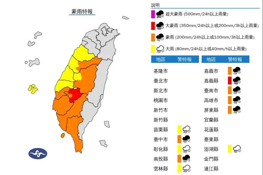 中央氣象署於今(26)日下午2時許,針對全台「11縣市」續發大雨特報。(圖/氣象署)