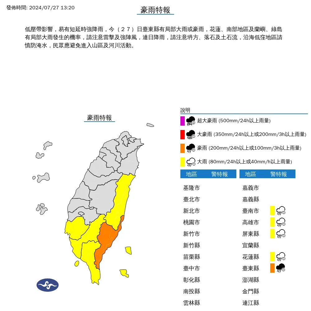 5縣市豪雨特報。（圖／氣象署網站）
