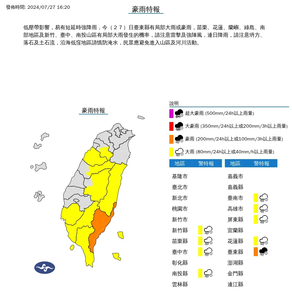 氣象署27日下午發布中南部9縣市豪雨特報,台東縣有局部大雨或豪雨發生。(圖/翻攝自中央氣象署官網)