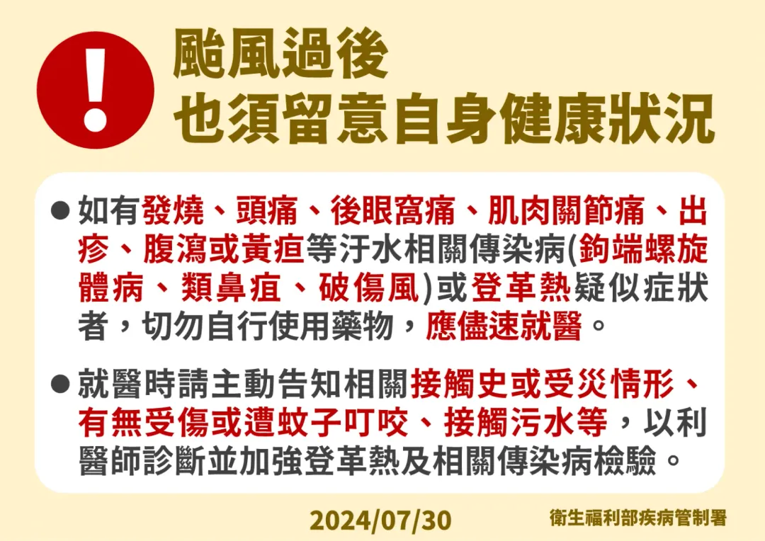 民眾除了加強環境整頓與清消外，也須留意自身健康狀況。（圖／疾管署提供）