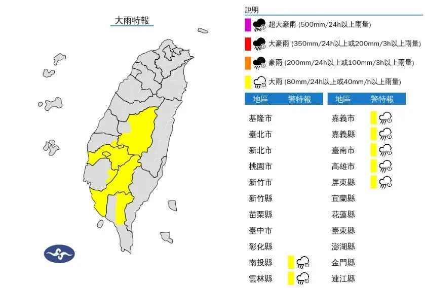 中央氣象署於今(2)日下午5時35分,針對全台「7縣市」發布大雨特報。(圖/氣象署)