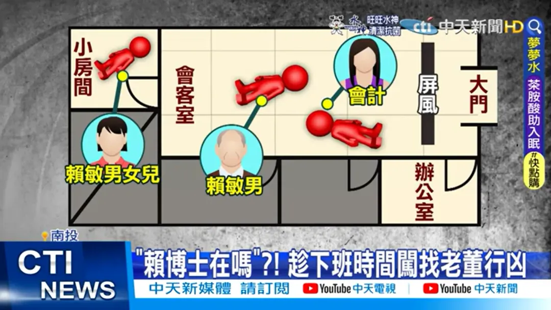 兇手李鴻淵到辦公室殺害董事長賴敏男父女和公司會計。(圖/中天新聞)