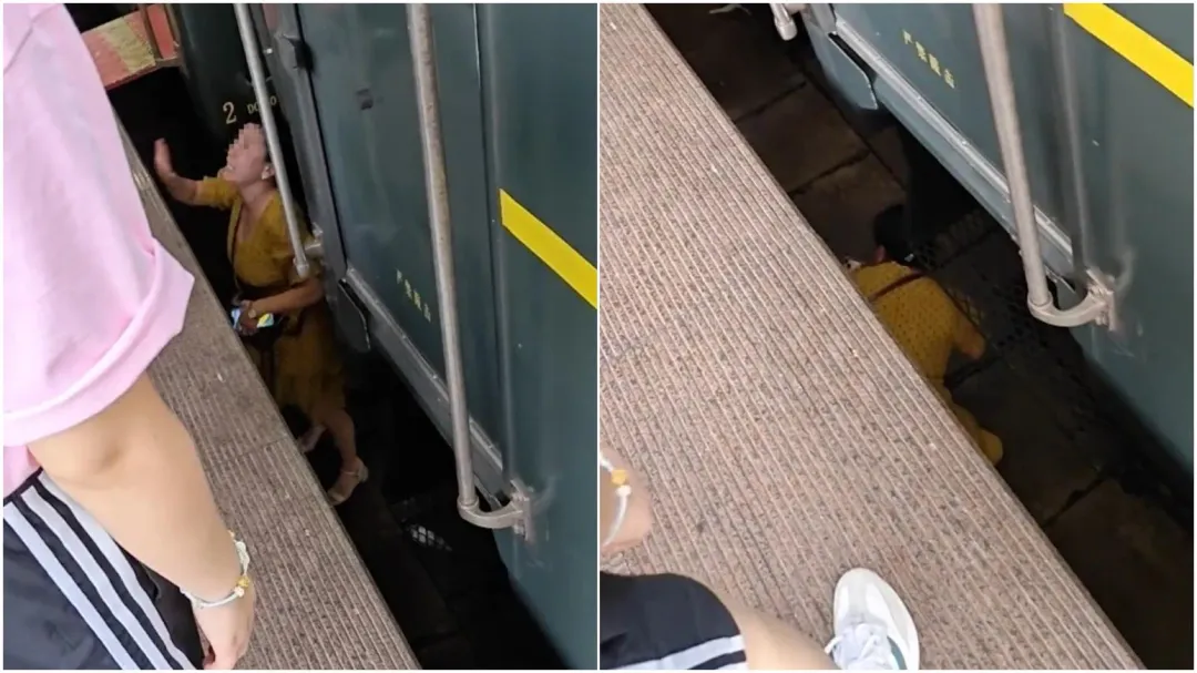 湖北一名母親跳下鐵軌在即將出發的火車旁為兒撿掉落的眼鏡(圖/翻攝微博)