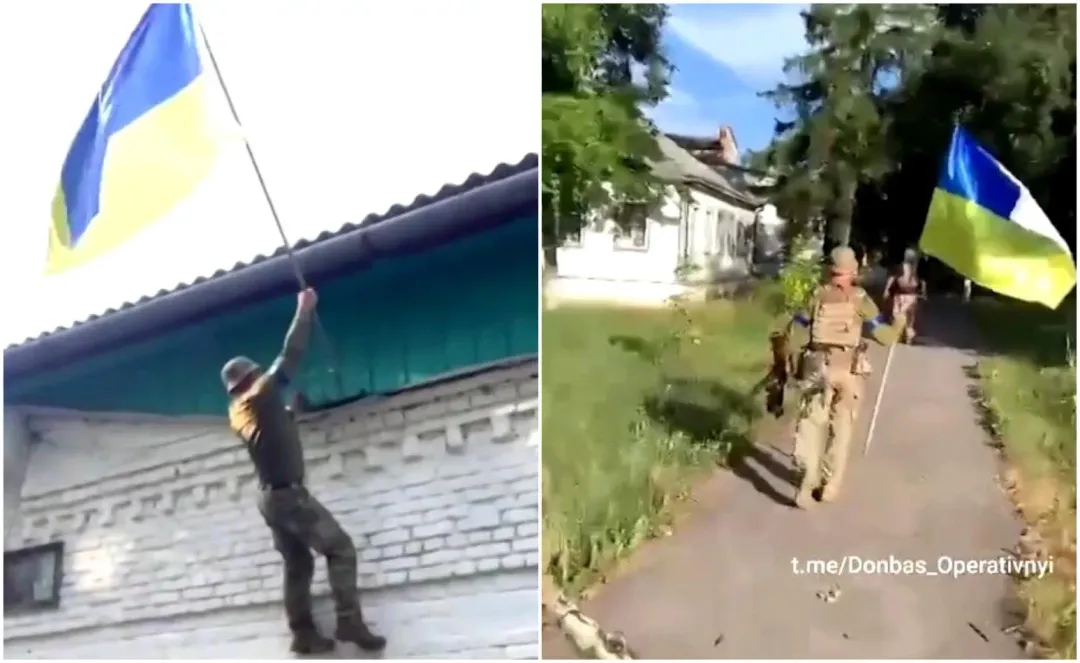 烏克蘭士兵在俄羅斯村莊升起烏克蘭國旗(圖/路透社)