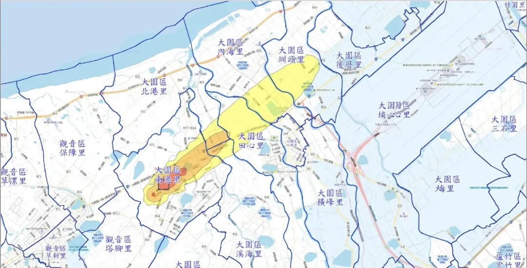 桃園市環保局通報，提醒大園區南港里、北港里、溪海里、田心里、內海里、圳頭里的民眾，小心異味飄入屋內，以及戴好口罩。（圖／翻攝自桃園市環保局臉書）