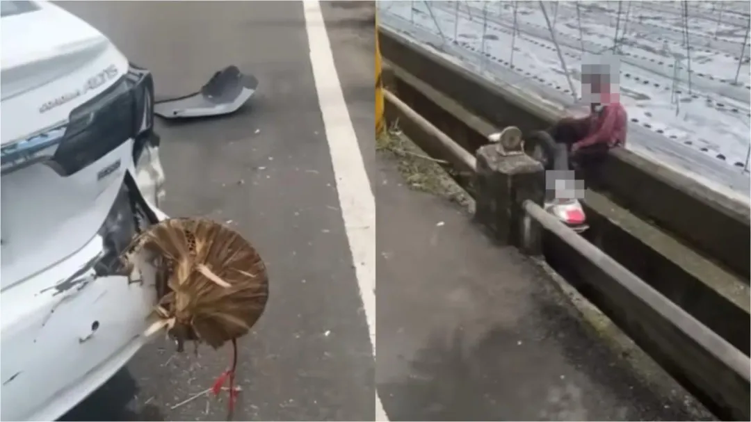 阿嬤的斗笠直接插進汽車的後保險桿。(圖/翻攝自臉書)