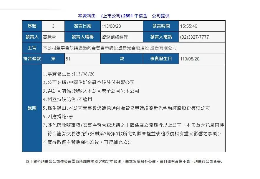 中信金公告。（圖／翻攝重大訊息）