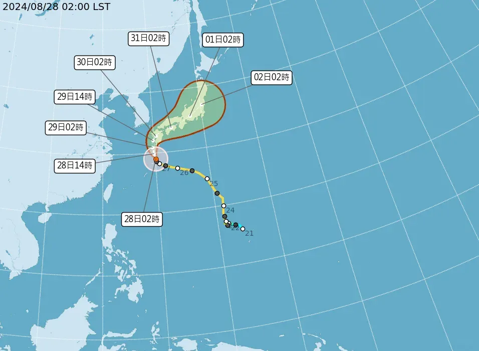 「珊珊」在日本九州南方海面，今日偏北緩慢移動。（圖／中央氣象署）