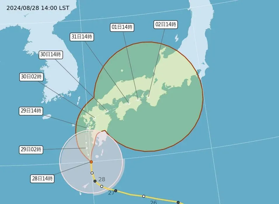 氣象署表示,中颱珊珊29日將登陸日本九州。(圖/氣象署)
