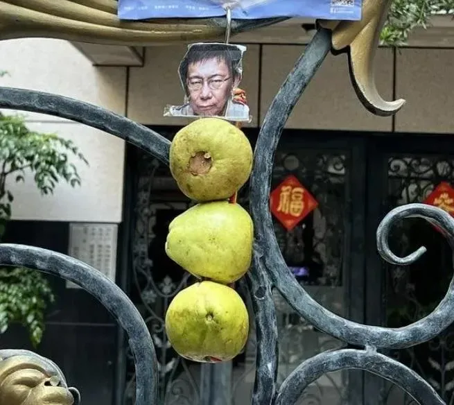 台灣國理事長陳峻涵在柯文哲家門口吊「爛芭樂」(圖/台灣國提供)