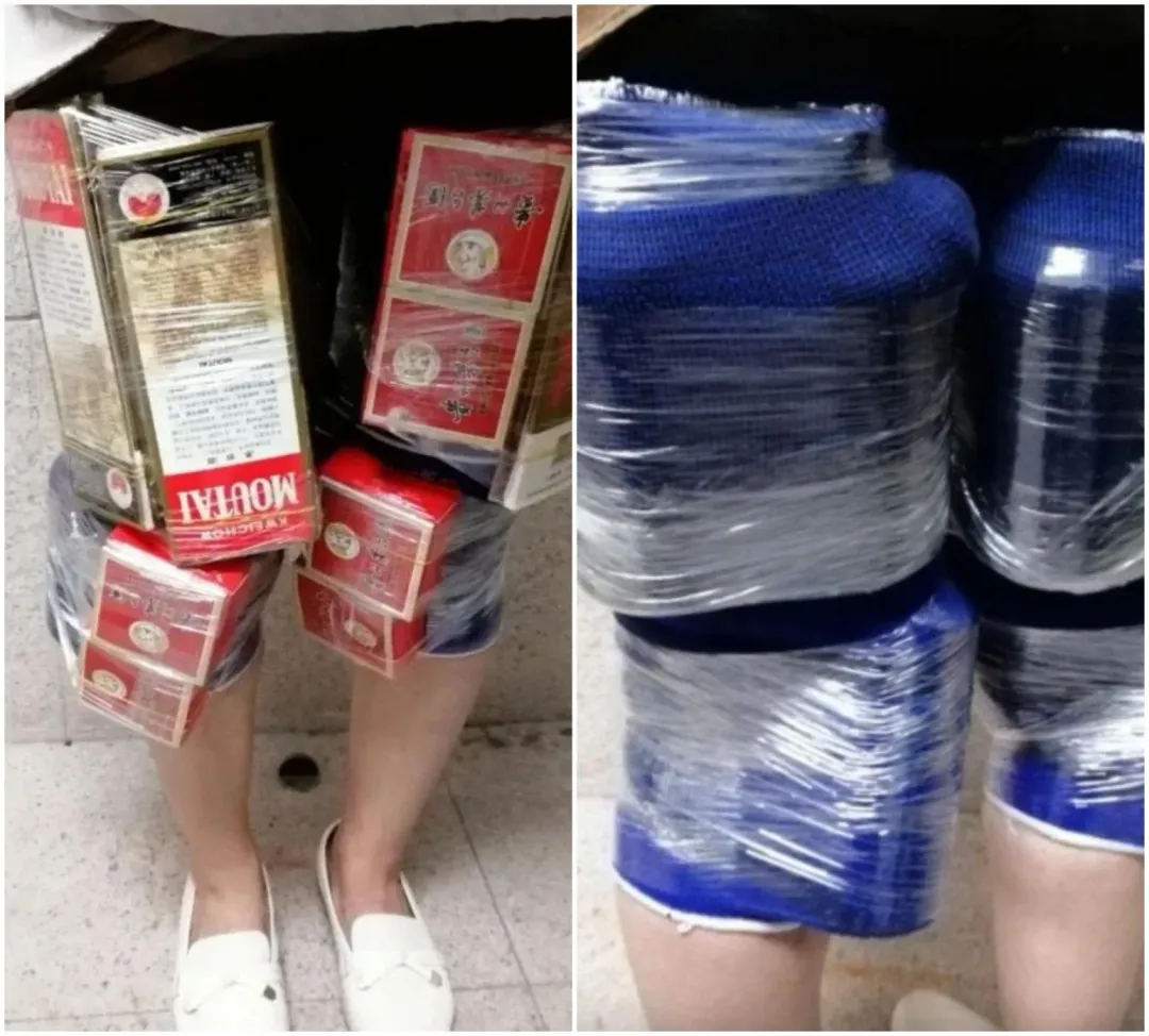 海關發現該女將6支中國白酒與包裝分拆,分別綁藏於大腿前側及後側。(圖/翻攝微博)